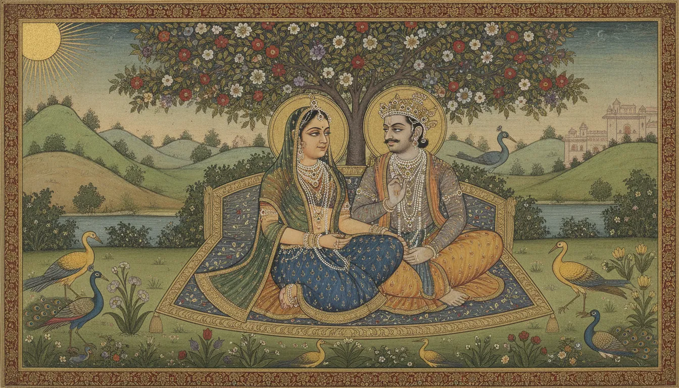 Traditional miniature style portrait of a divine couple sitting under a tree in a lush garden