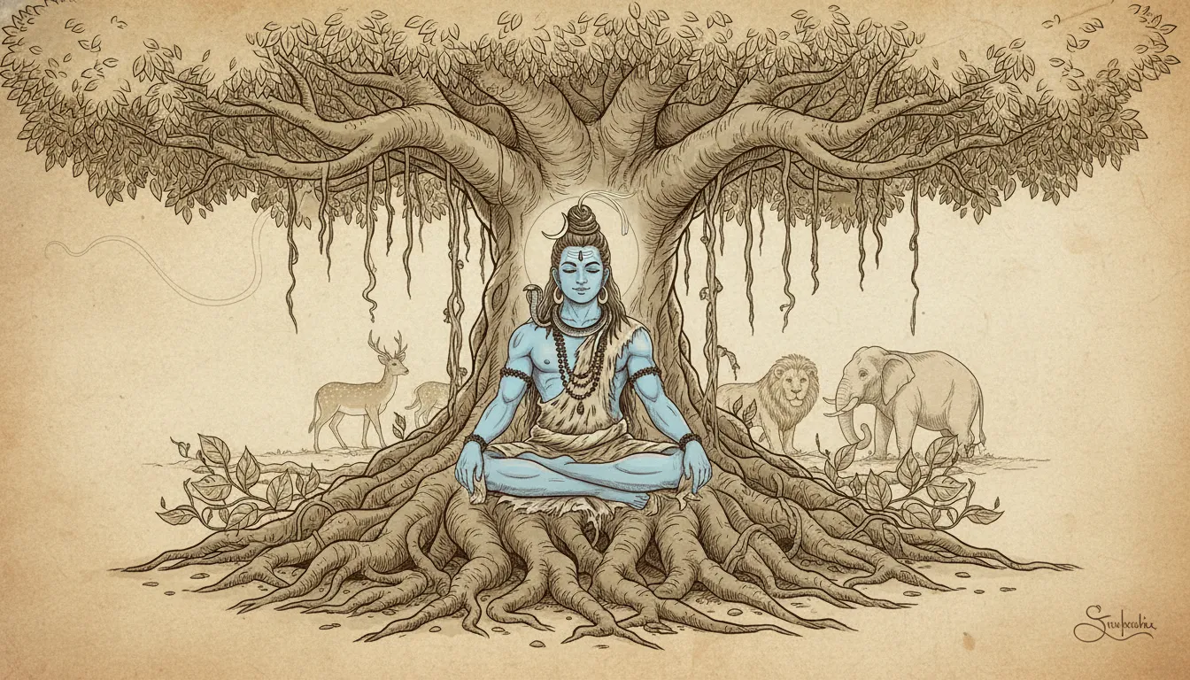An antique style illustration of Lord Shiva meditating beneath a sacred Banyan tree.