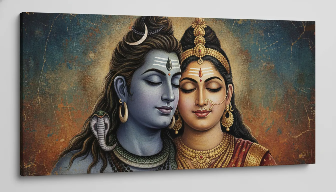 Antique style devotional artwork of Shiva and Parvati with rich golden jewelry, dark textured hair, and an aged rustic background.