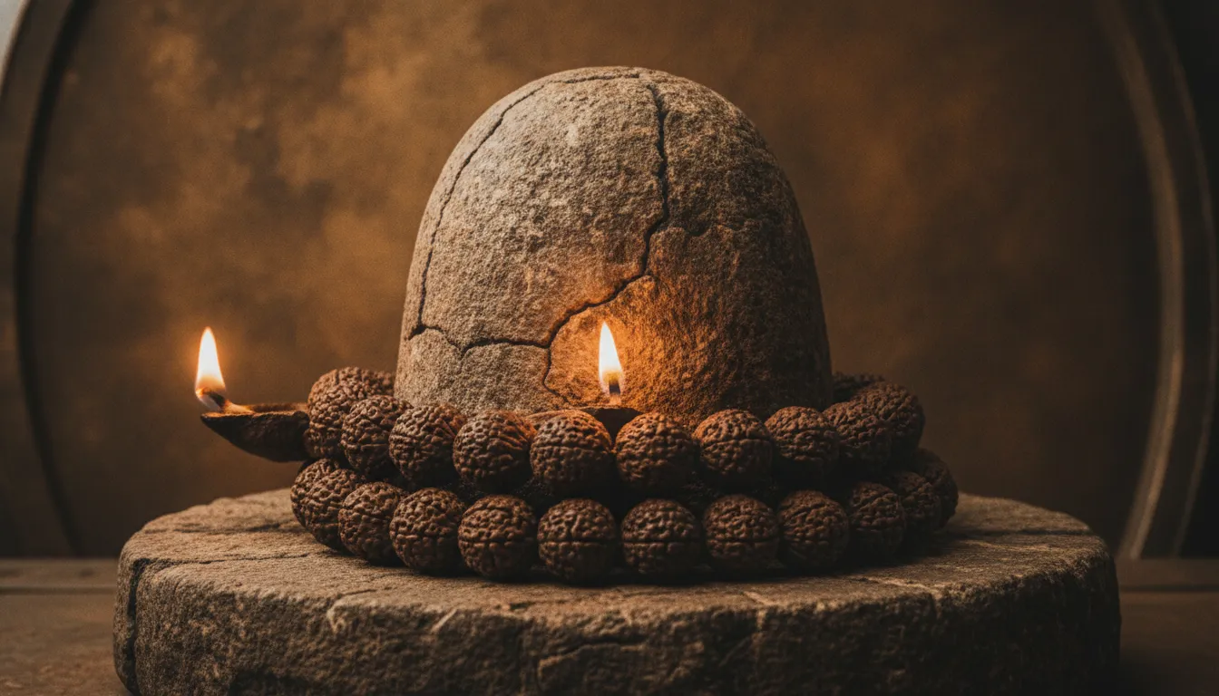 A vintage style stone Shivling with an old Rudraksha mala against a textured dark bronze and earthy brown background