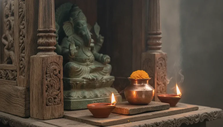 An antique carved wooden mandir housing a bronze Hindu deity statue with traditional oil lamps.