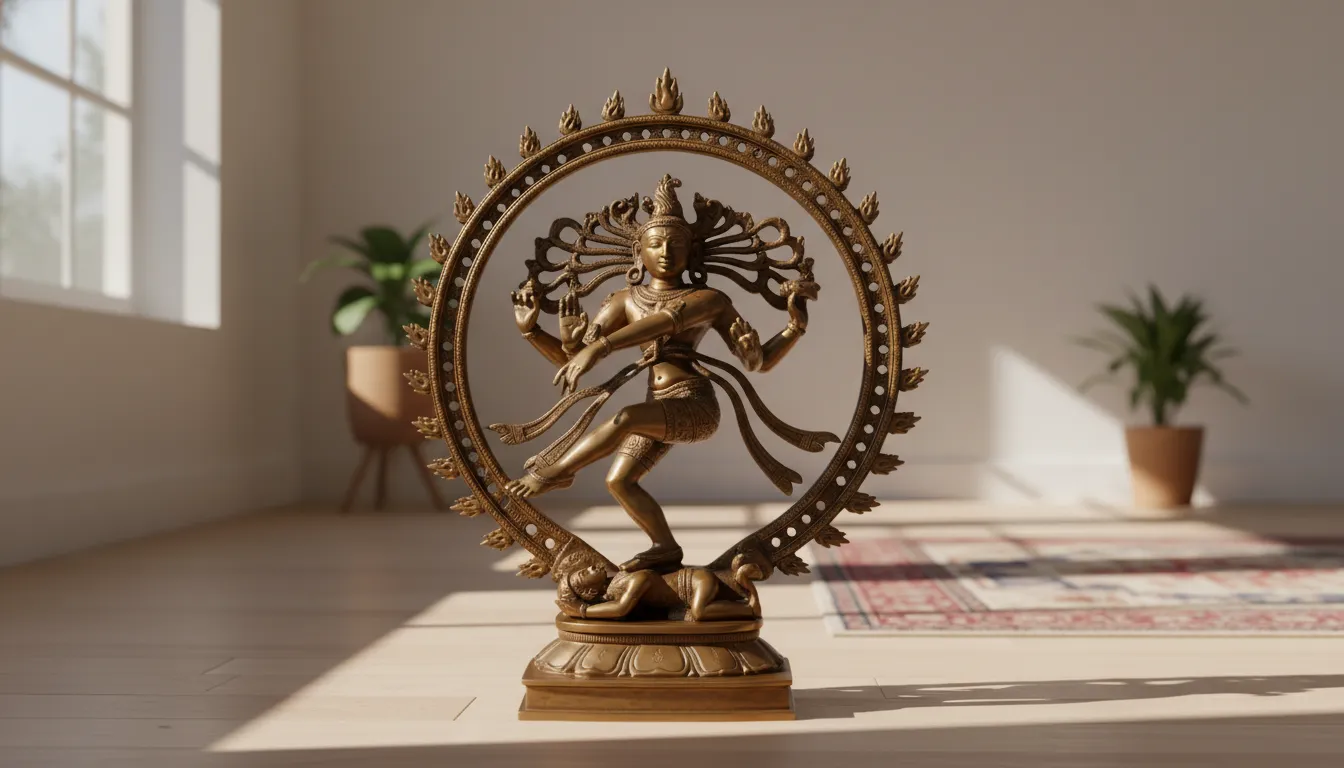 Antique bronze cosmic dancer Shiva statue featuring a polished golden-brown patina finish