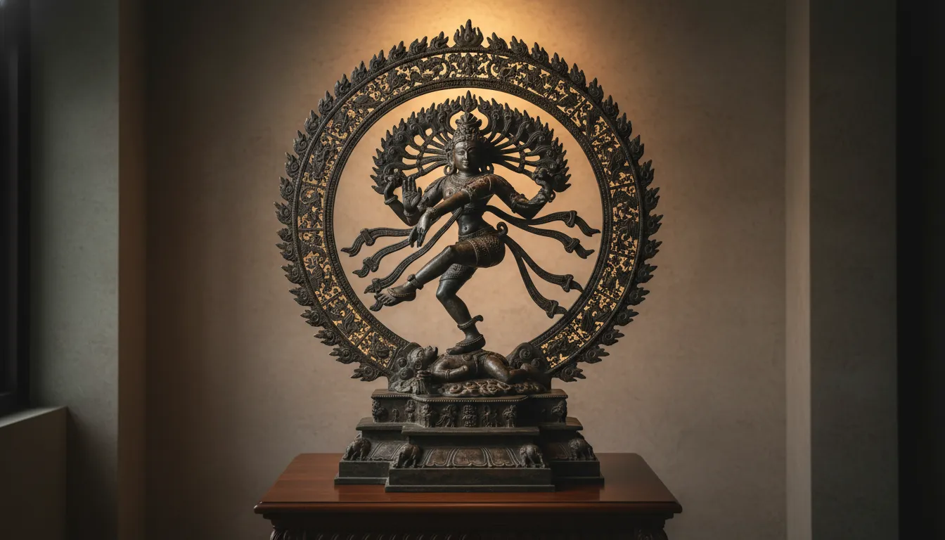 Vintage-style bronze statue of a dancing figure with intricate circular design