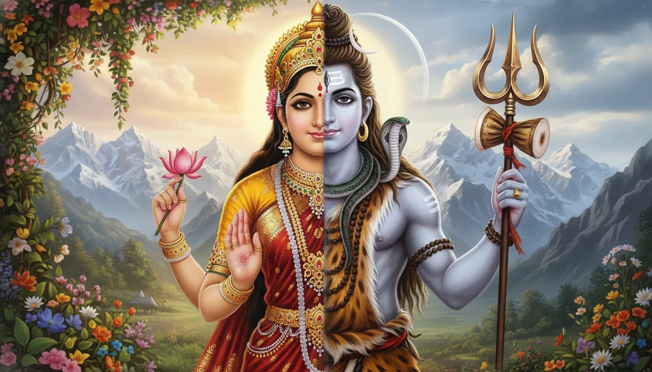 1080p mahadev photo hd representing the Ardhanareshwar form showing the divine balance of Shiva and Shakti.