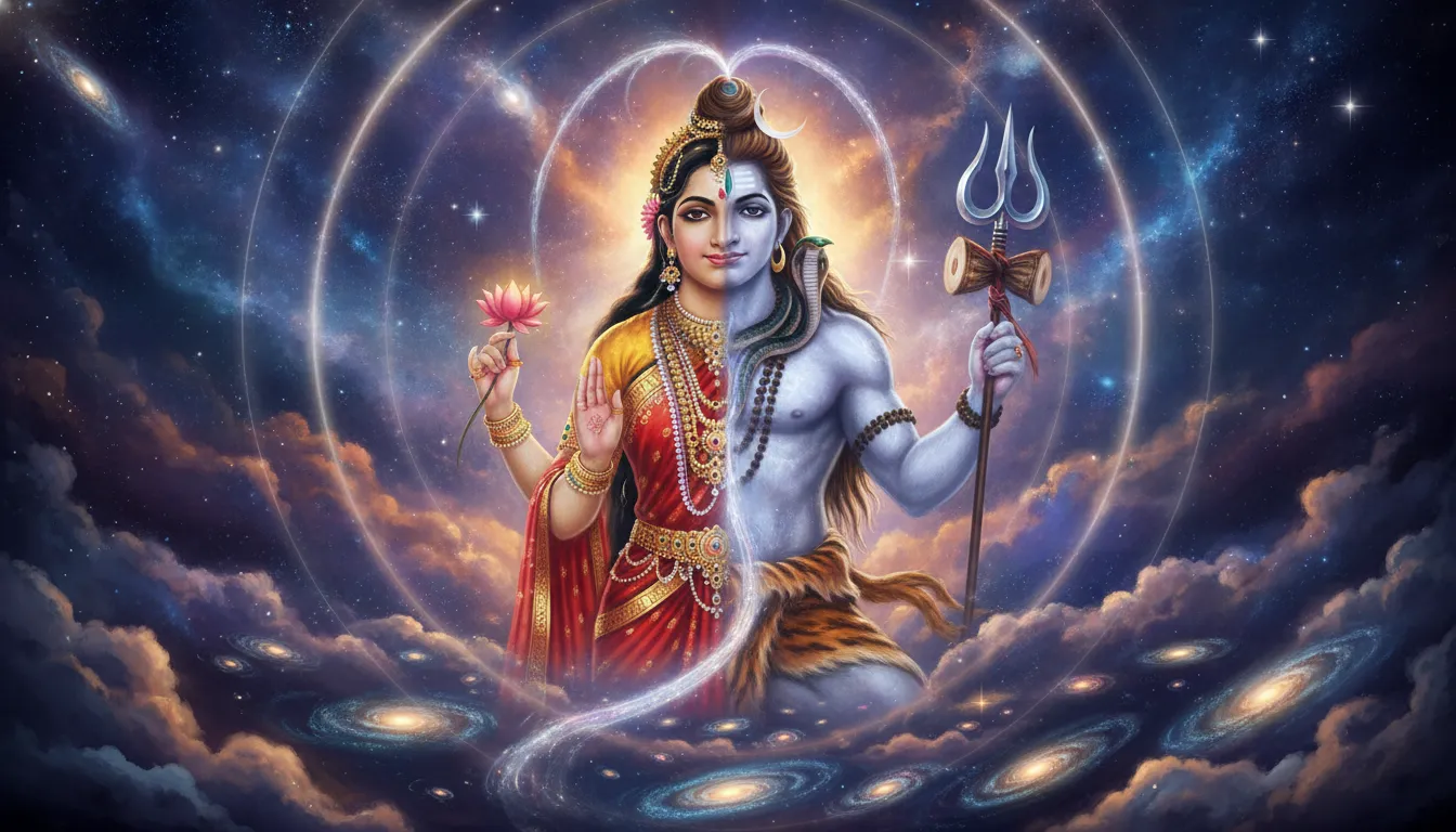 Ardhanarishvara emerging from a glowing cosmic nebula split into Shiva and Parvati halves