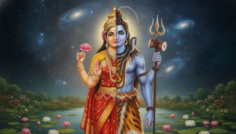 The divine Ardhanarishvara form representing the perfect union of Lord Shiva and Goddess Parvati.
