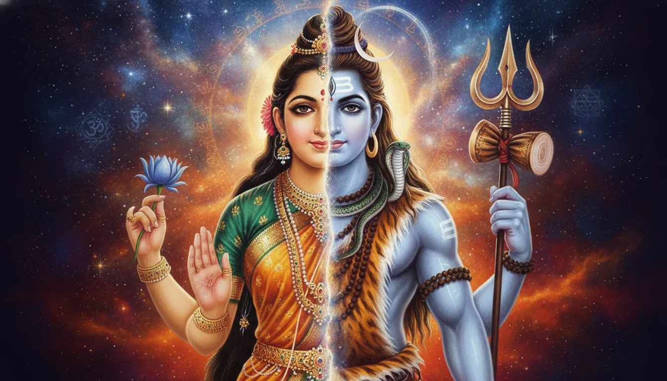Colorful painting of Ardhanarishvara representing male and female cosmic energies