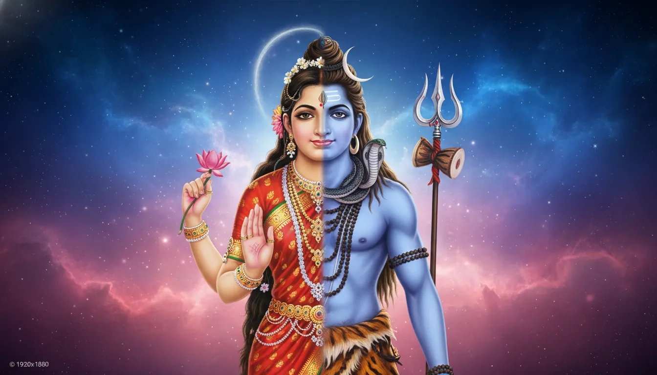 The divine composite form of Ardhanarishvara showing half Lord Shiva and half Goddess Parvati joined vertically.