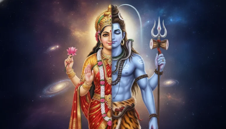 Har har mahadev ki photo of Ardhanarishvara representing the union of Shiva and Shakti.