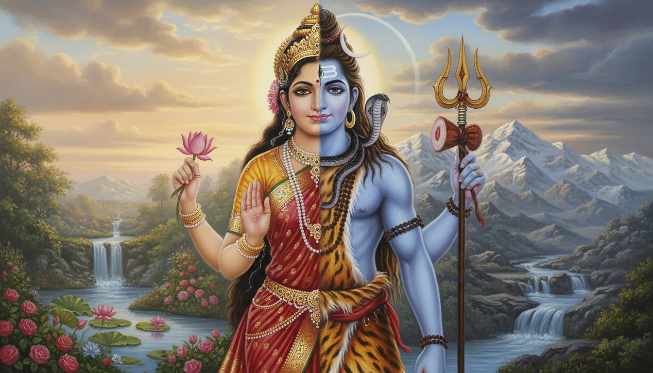 Lord shiva and goddess parvati composite ardhanarishvara image.