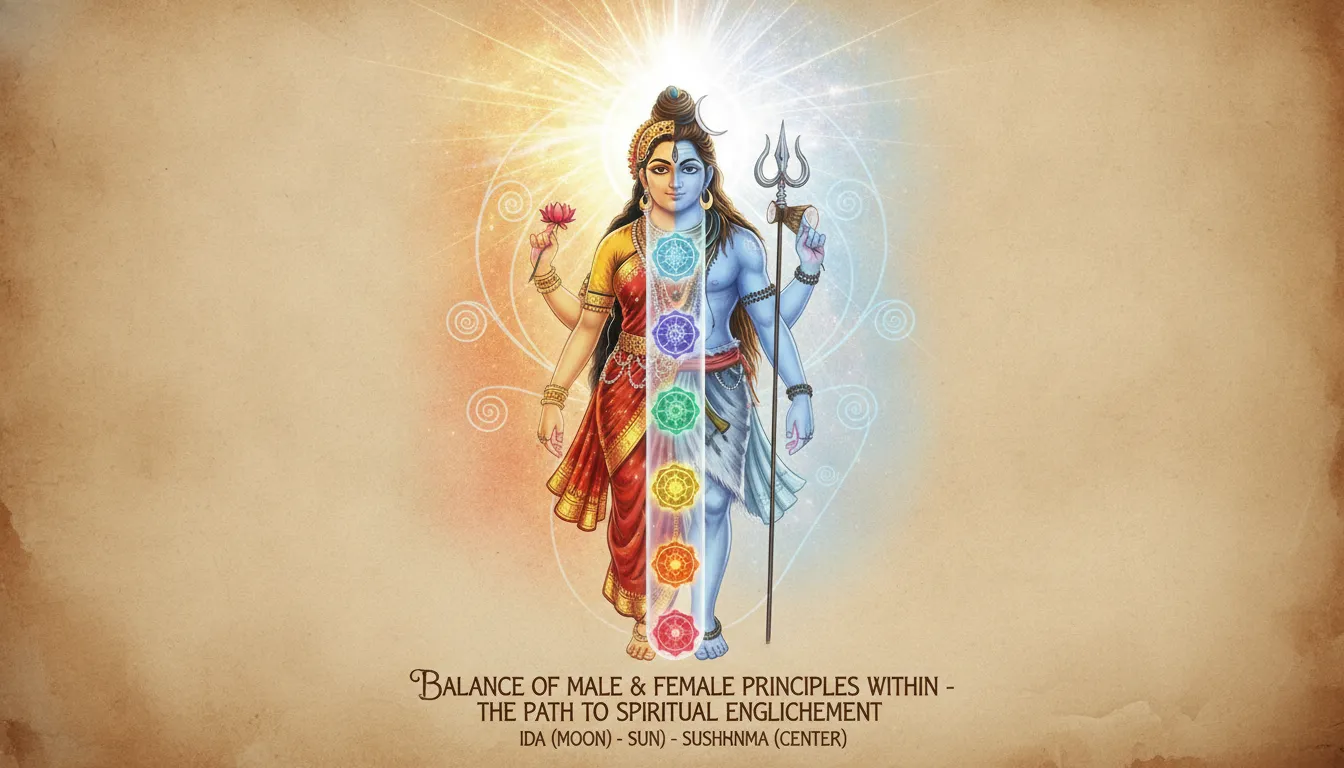Energy chakras illuminating a central spine of the combined Shiva Parvati form