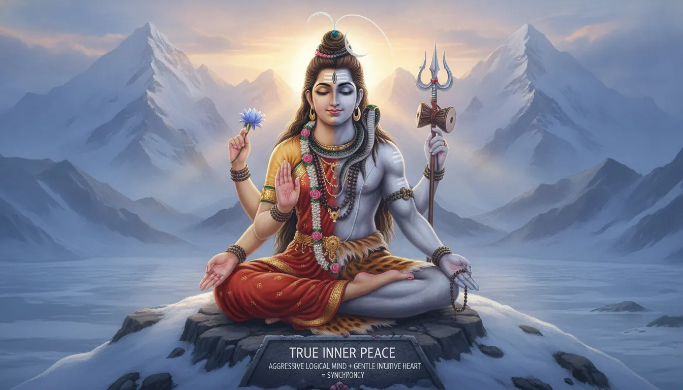 Half Shiva and half Parvati seated in deep meditation on a Himalayan peak