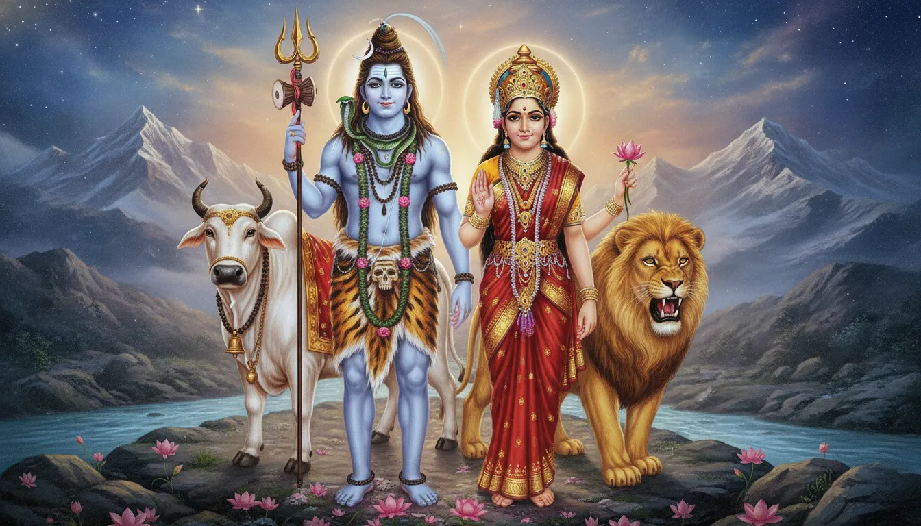 Ardhanarishvara standing with Nandi the bull on one side and a golden lion on the other