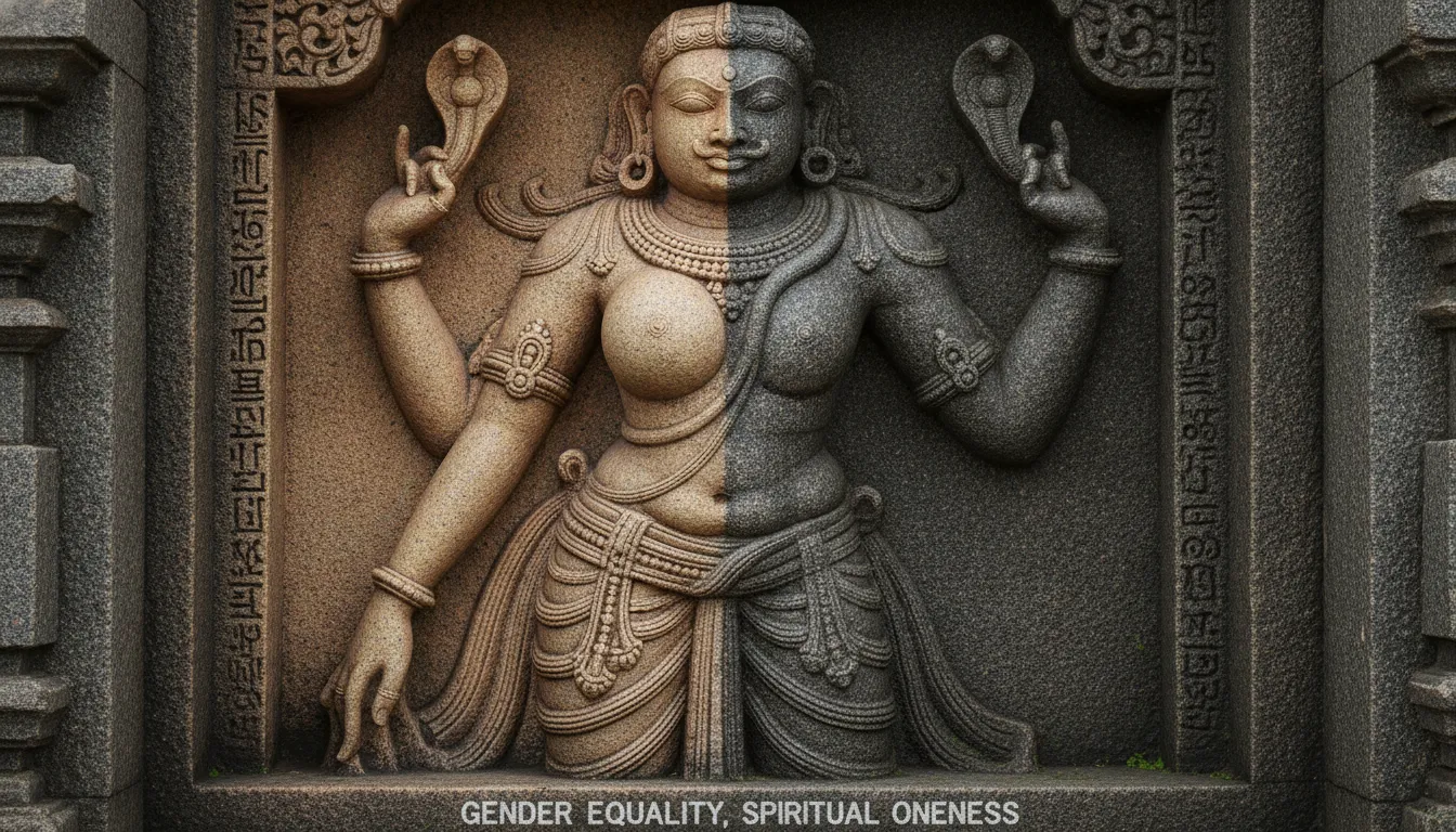 Traditional stone temple sculpture look of half male and half female Hindu deity