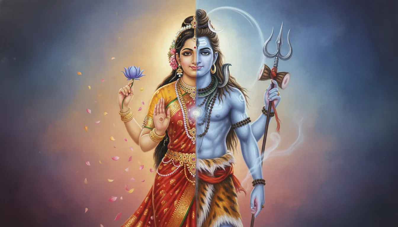 har har mahadev photo full hd download showing the composite form of Shiva and Parvati.