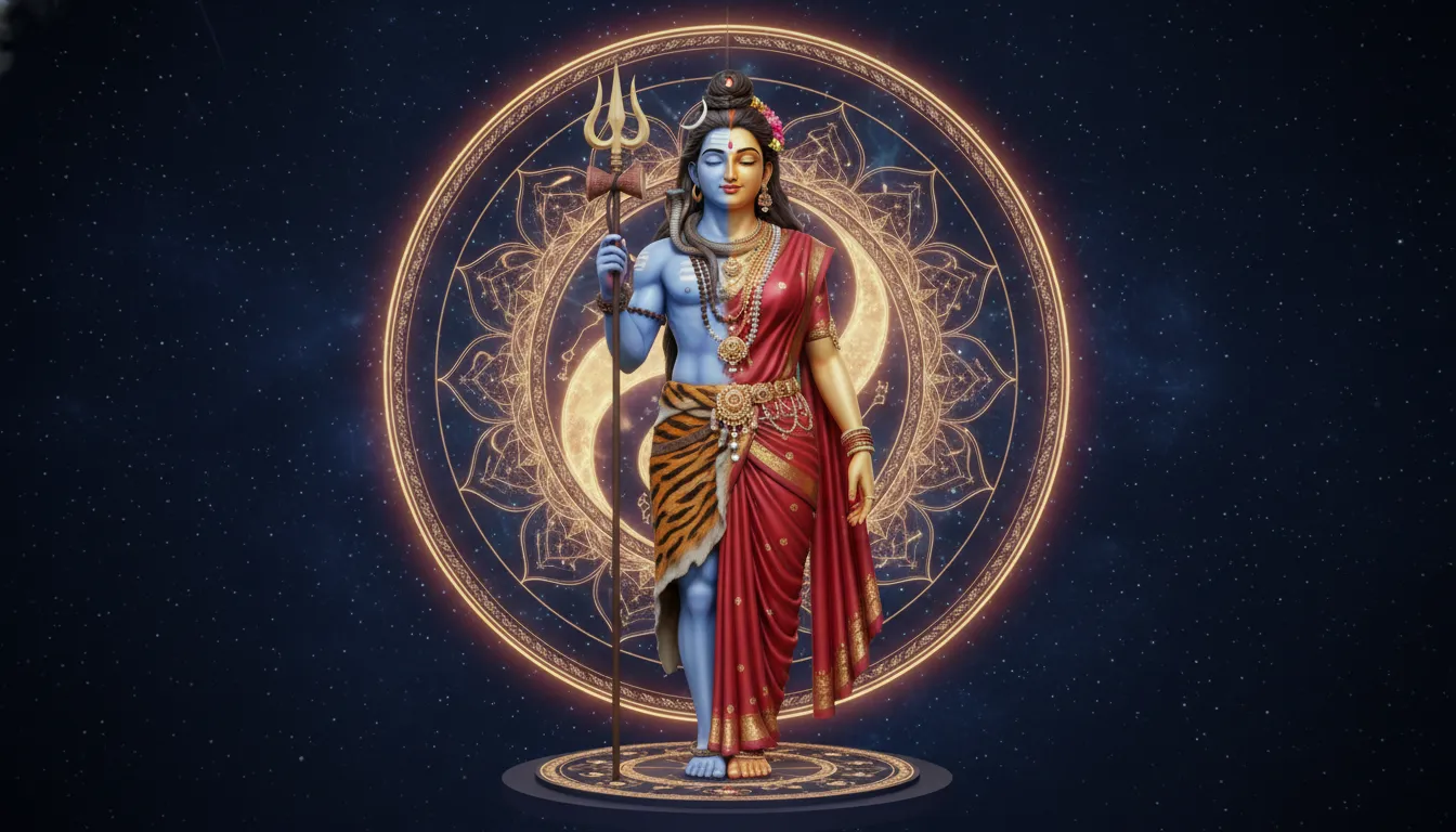 Mahadev hd wallpaper 3d illustrating the half-male half-female form of Ardhanarishvara representing Shiva and Shakti.