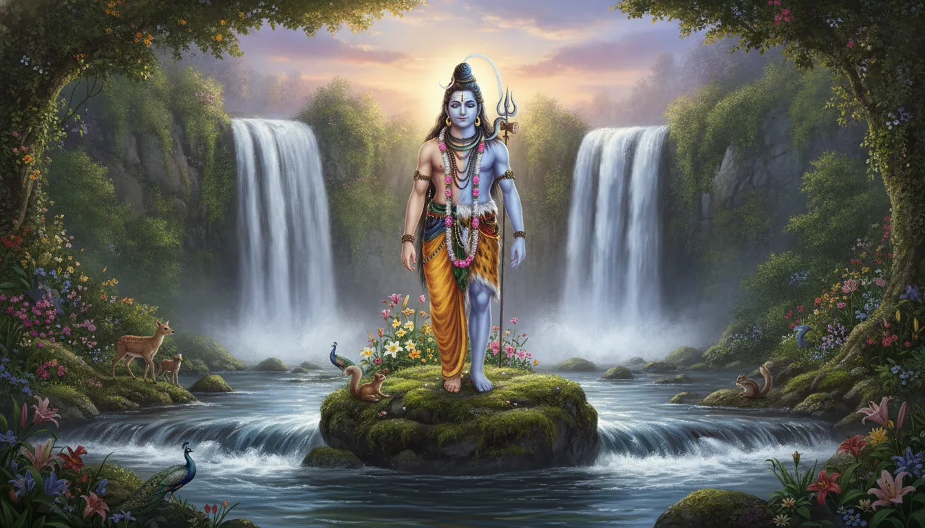 Ardhanarishvara standing form beside a flowing river with waterfalls and lush greenery.
