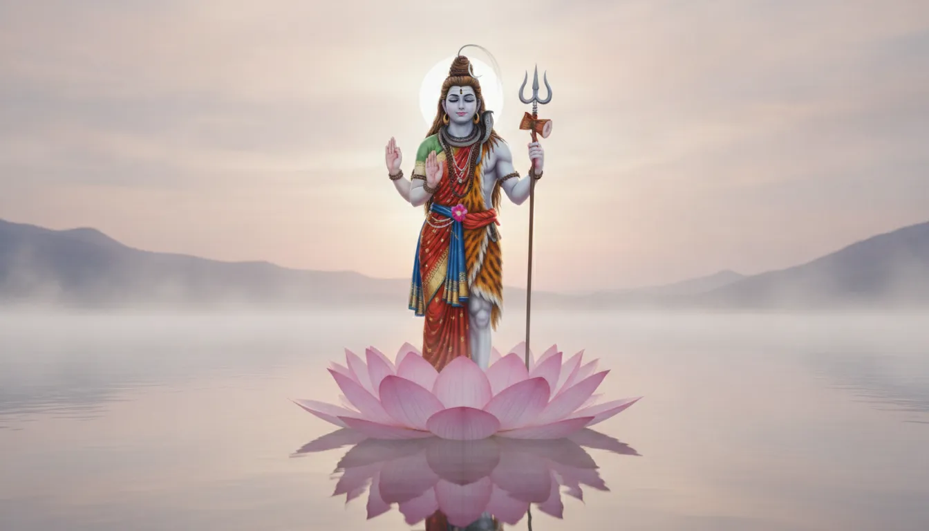 Ardhanarishvara standing form with eyes half-closed in deep spiritual meditation on a lotus pedestal.
