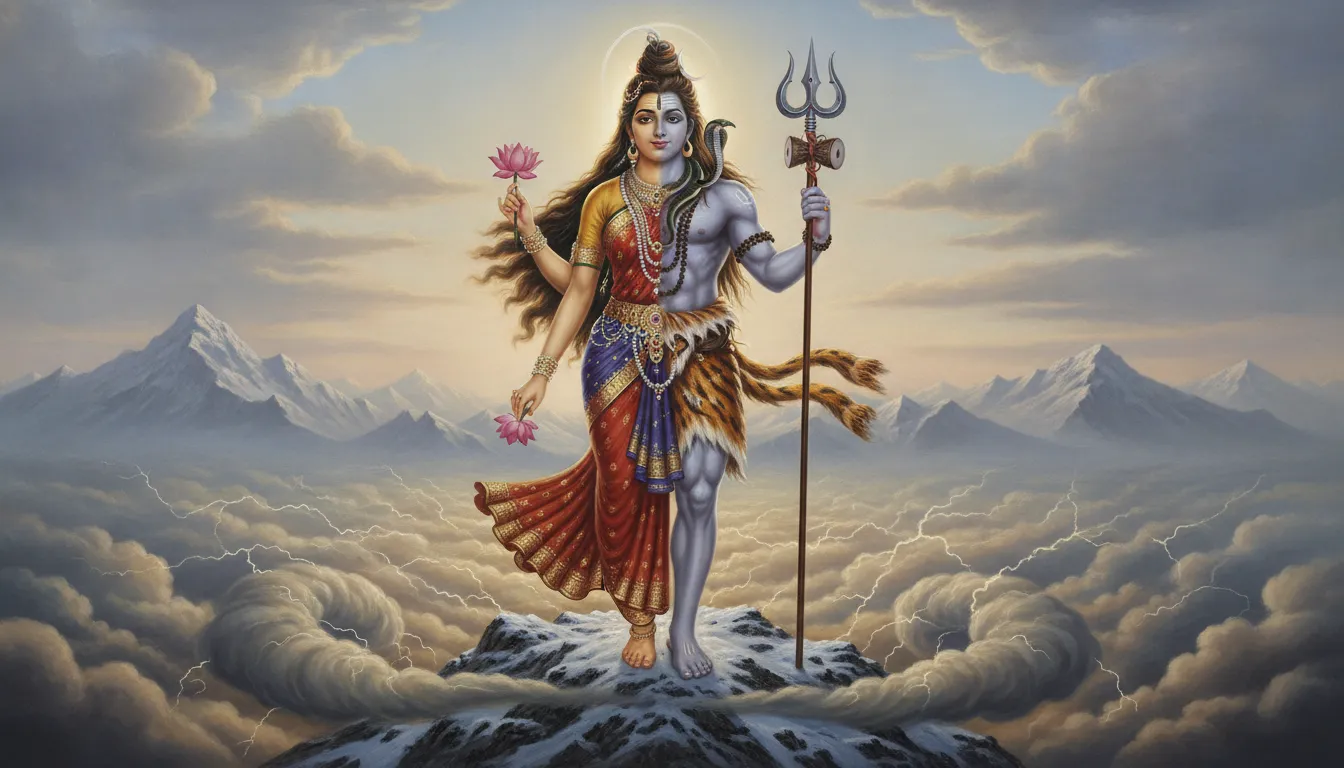 Ardhanarishvara standing form beside a flowing river with waterfalls and lush greenery.