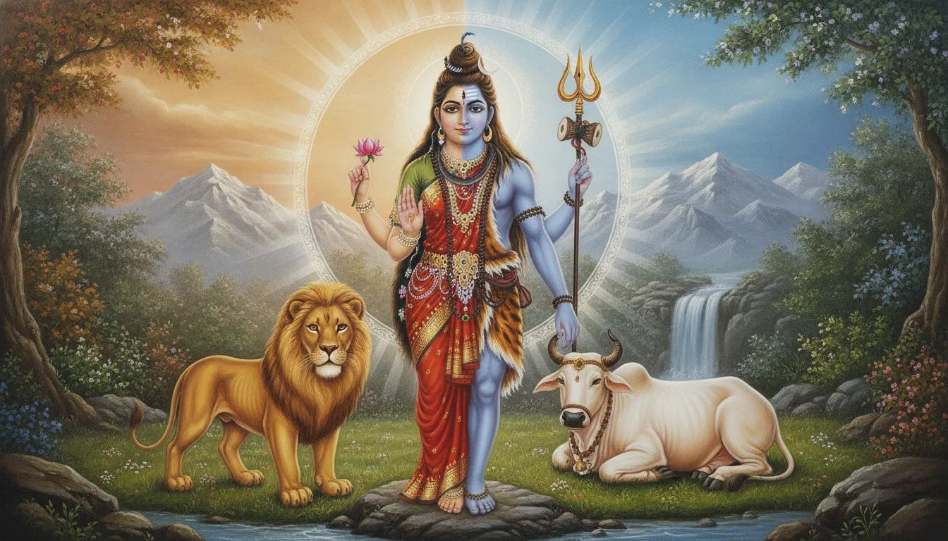 Ardhanarishvara standing form flanked by Nandi the bull and the royal lion vahana.