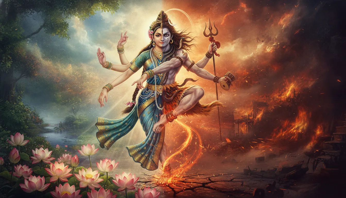 Divine dual dance showing Shiva doing Tandava and Parvati doing Lasya in one body