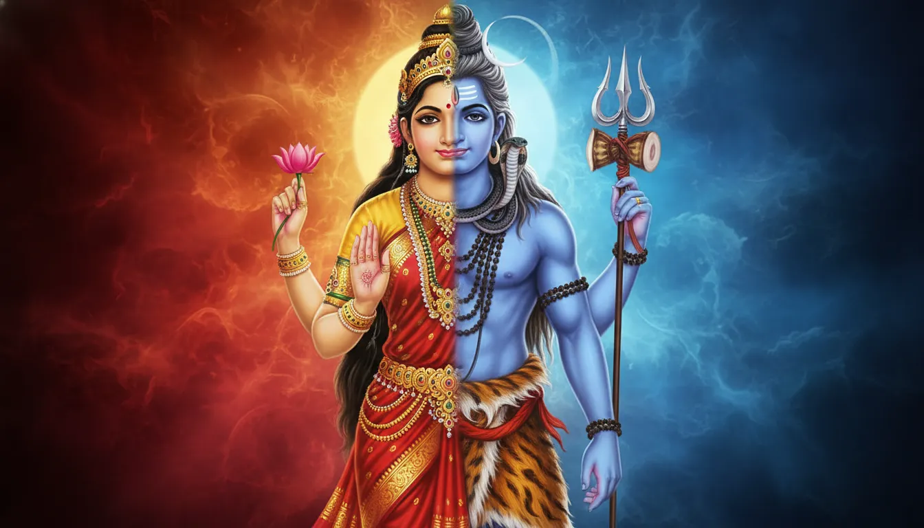 Ardhanarishvara Mahadev full screen photo showing the half-Shiva and half-Shakti divine form with vibrant contrasting colors.