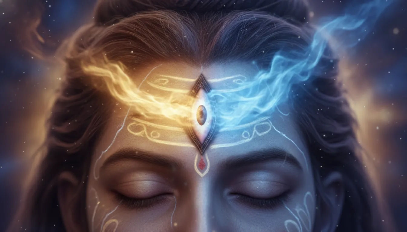 Close up of the third eye splitting into blue fire and golden light on Ardhanarishvara