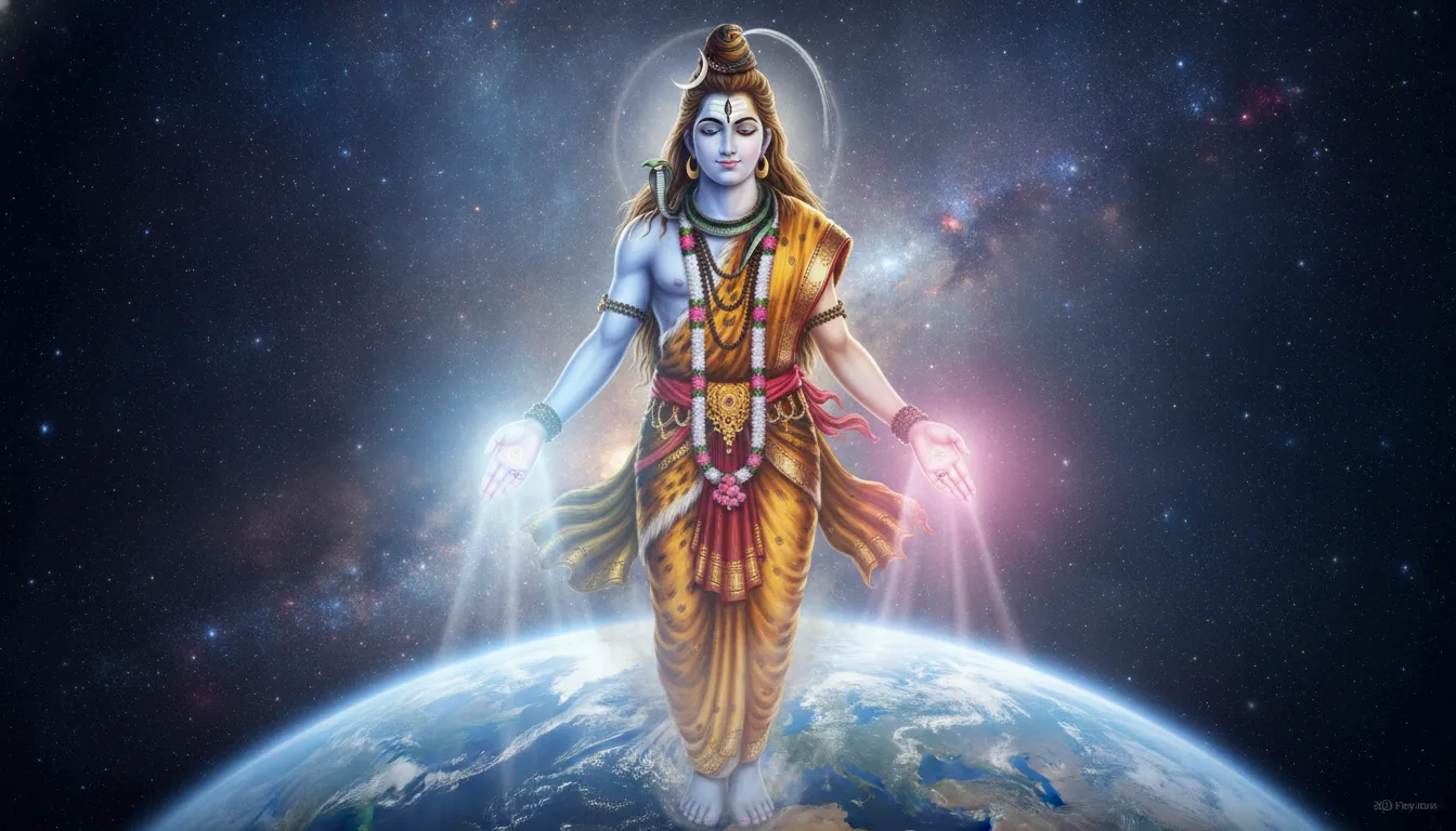 Radiant Ardhanarishvara extending hands in a universal blessing over the earth globe