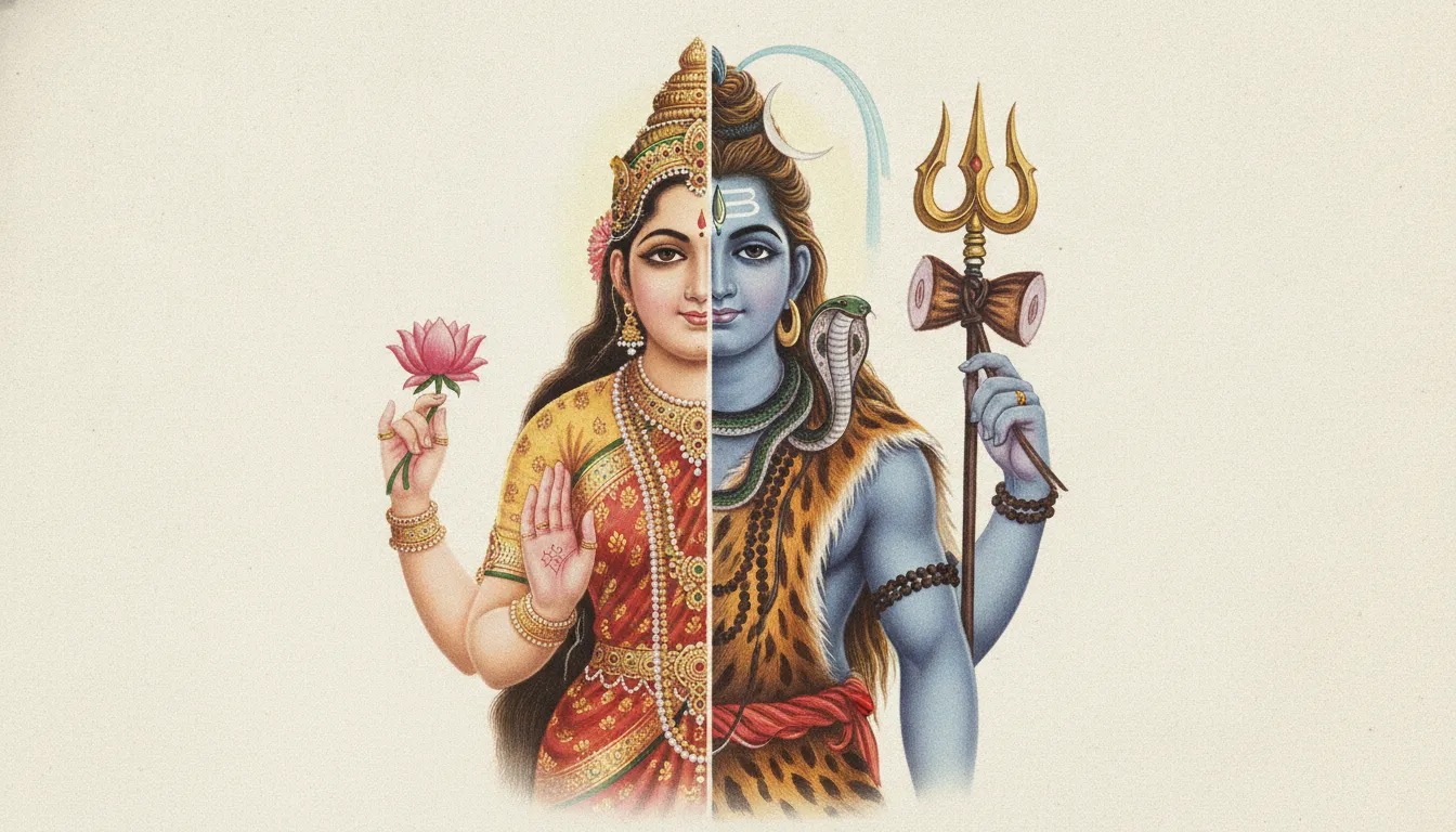 A vintage style artistic representation of Ardhanarishwara showing the union of Shiva and Parvati.