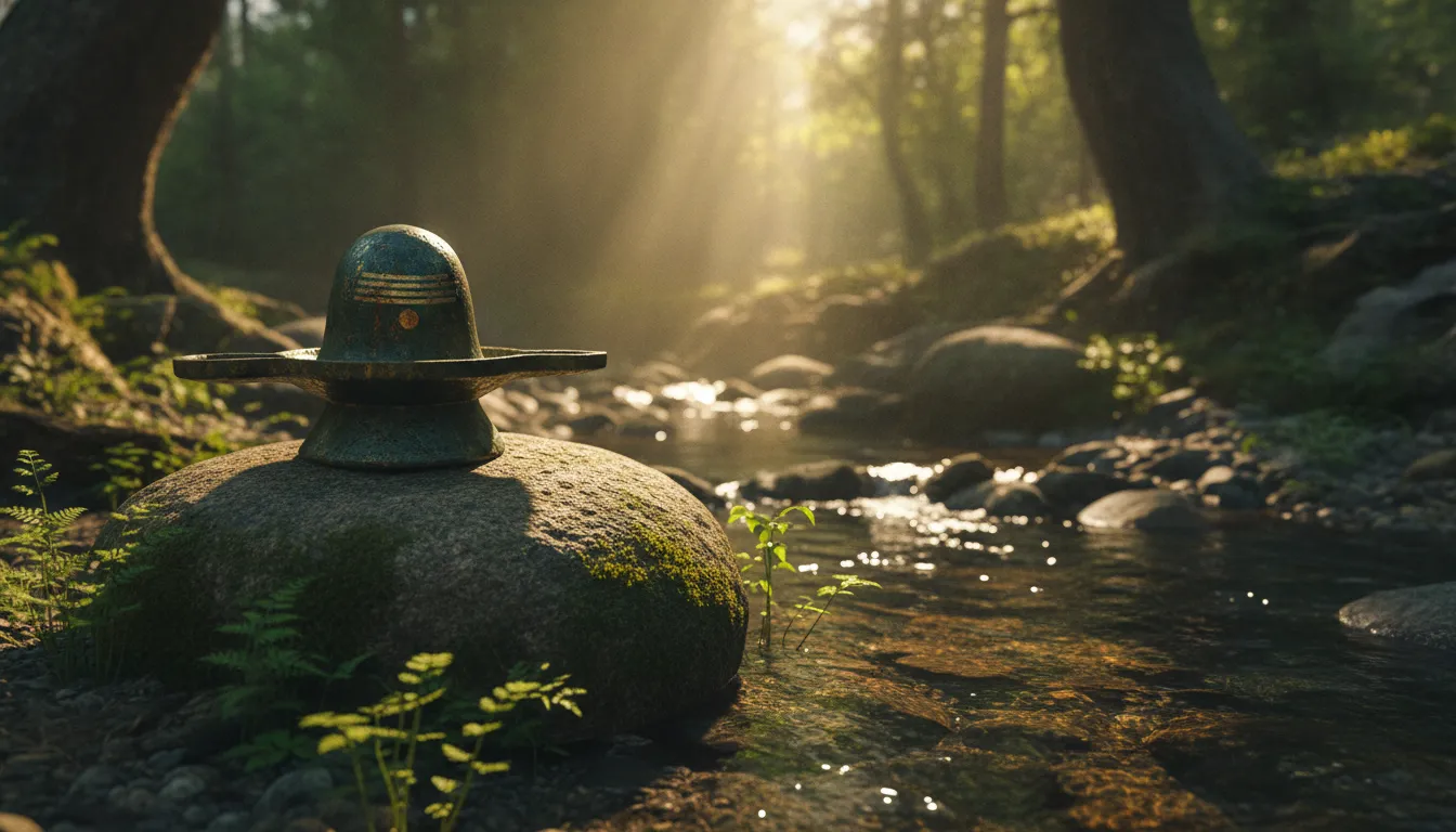 An antique brass Shivling placed outdoors in a peaceful green forest near a flowing stream.