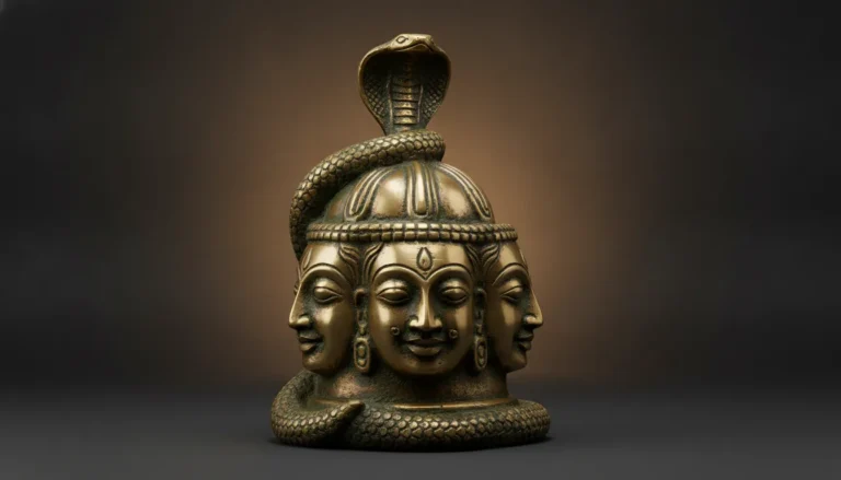 An artistic brass sculpture of the five-faced Pashupatinath Shivling with a soft, glowing background.