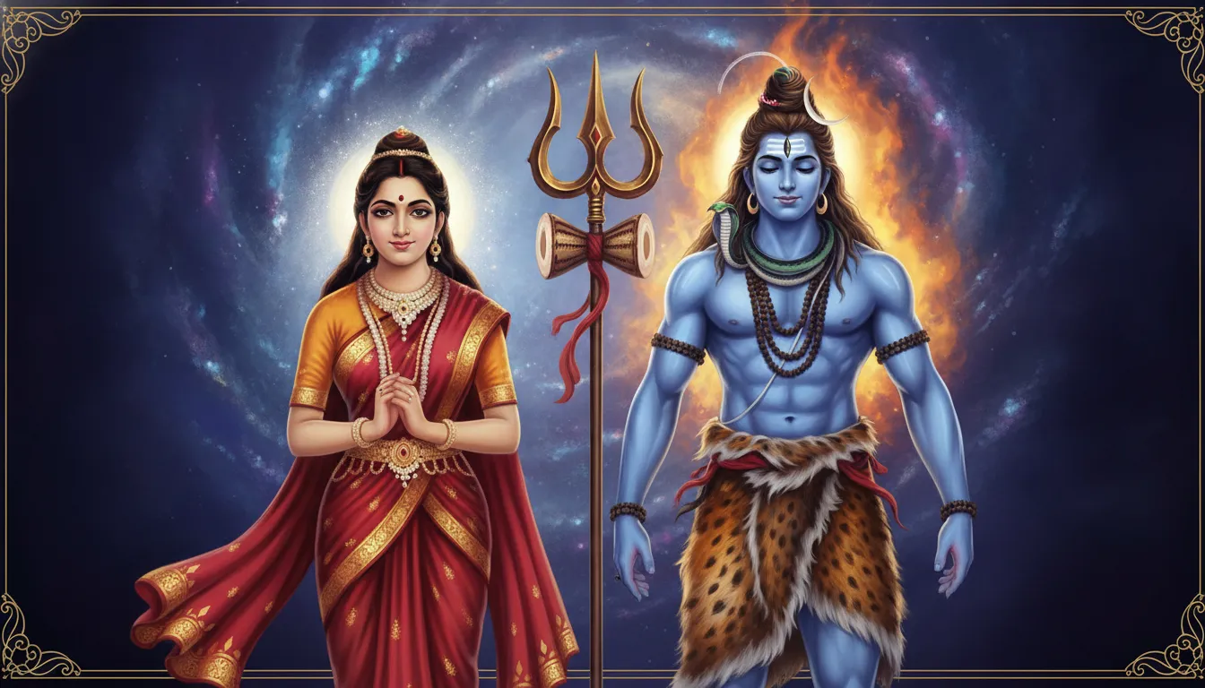 Smooth and stylized portrait of Shiva with his trident and Parvati beside him in a loving stance.