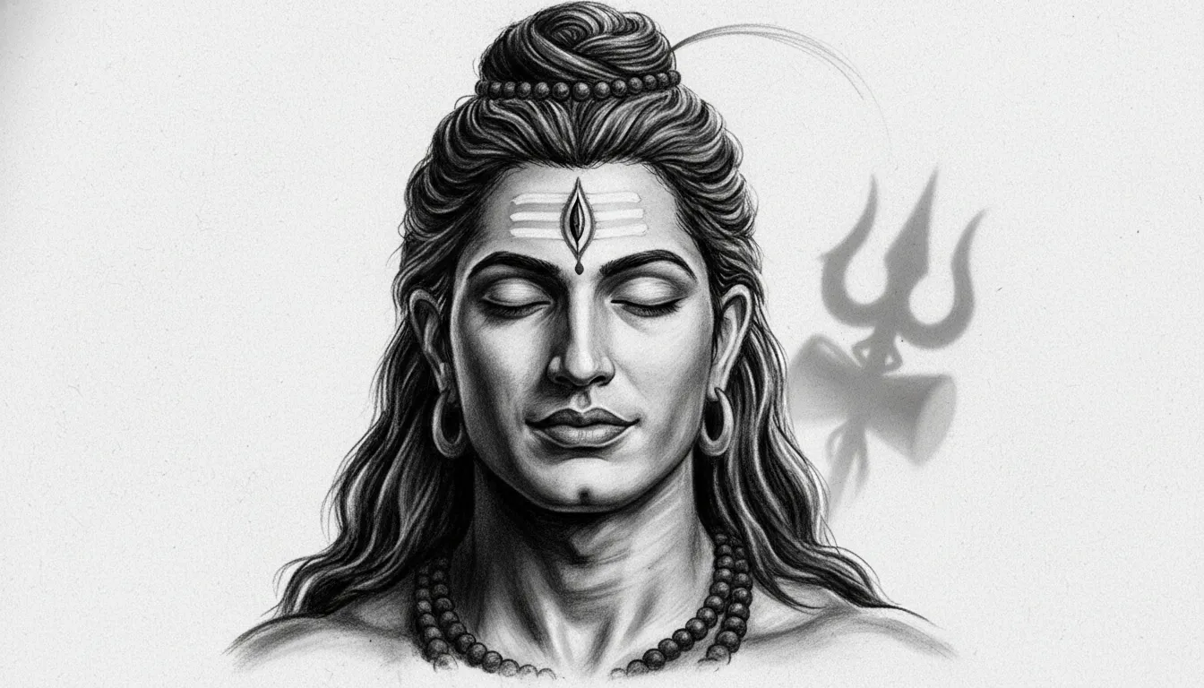A detailed monochrome charcoal sketch of Lord Shiva featuring his third eye and sacred trishul.