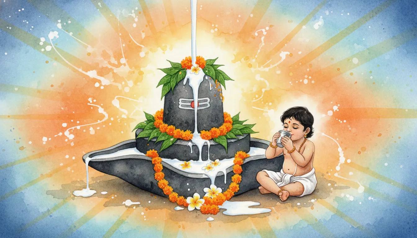 A detailed watercolor painting showing a child drinking holy milk flowing from a sacred stone Shivling surrounded by bright floral patterns.