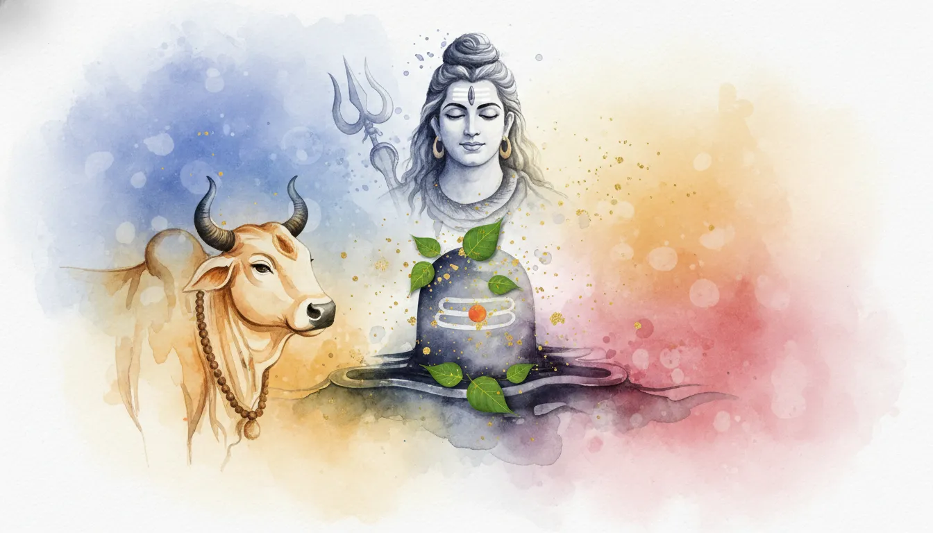 1080p HD watercolor style painting of Lord Bholenath, Nandi bull, and the holy Shivling.