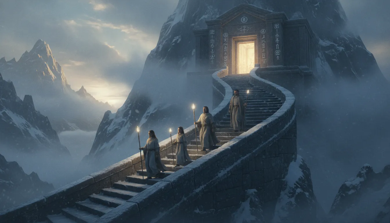Divine family walking up stone stairs toward a temple in the snowy mountains
