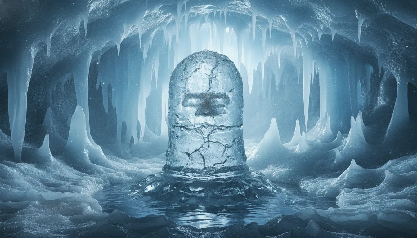 A serene, minimalist depiction of an ice Shivling surrounded by frozen white frost, symbolizing asceticism.