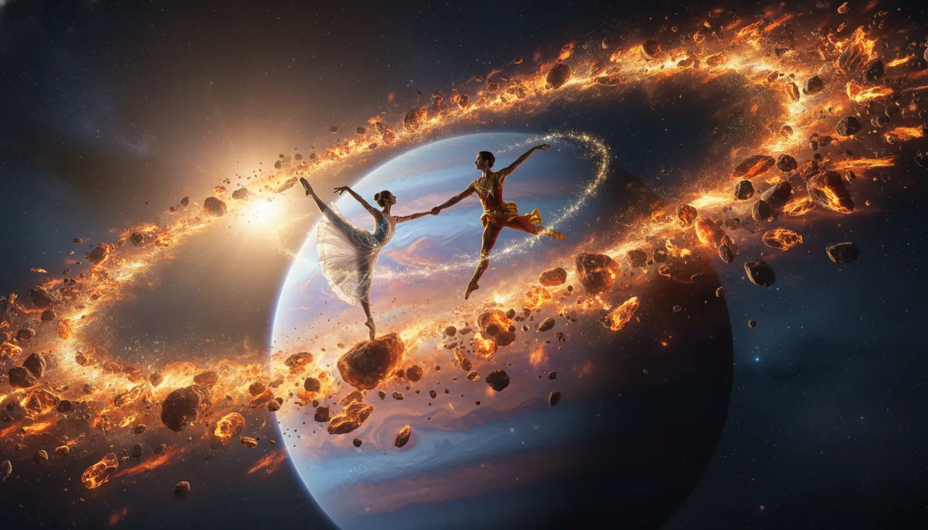 Graceful dancers performing ballet inside a glowing, fiery planetary ring system.