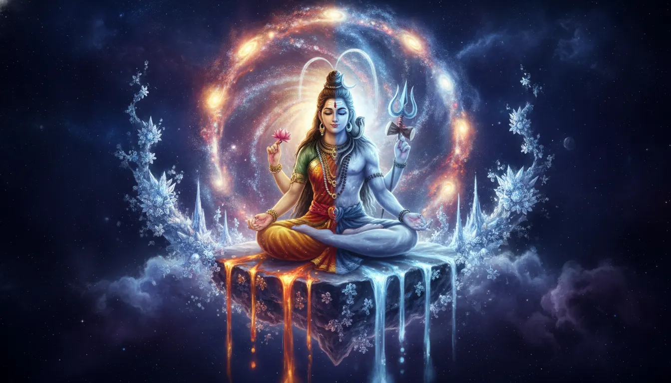 Split figure of Shiva and Parvati seated in meditation on a floating cosmic rock platform