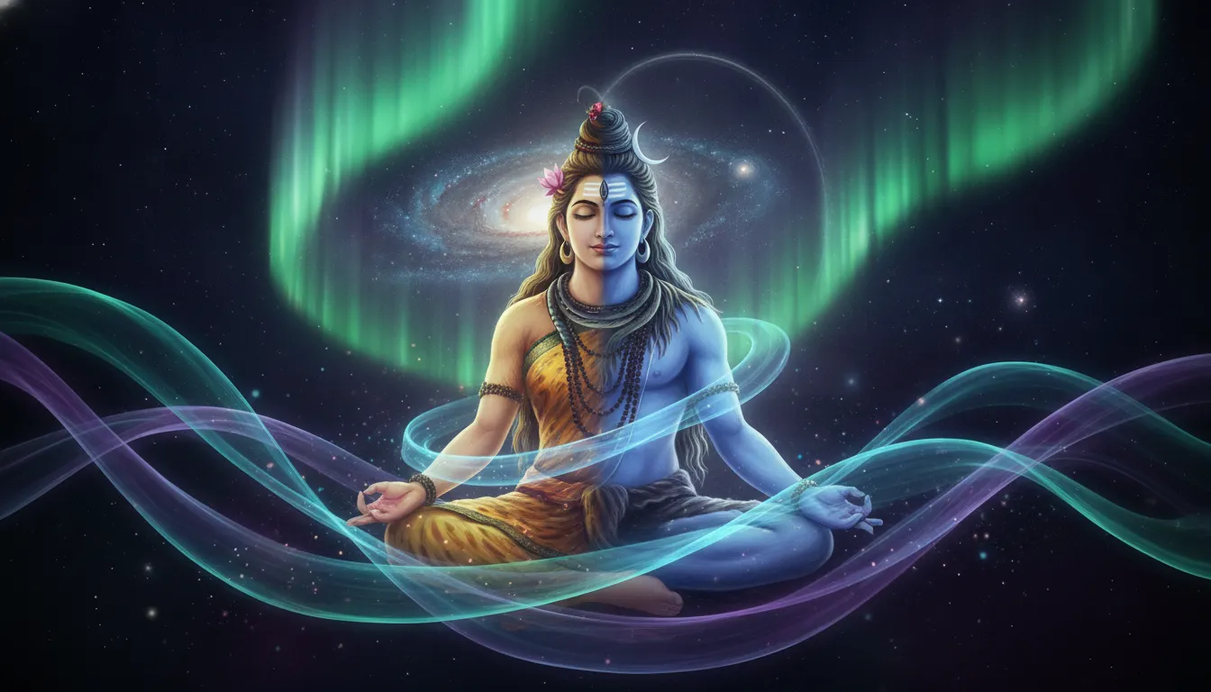Ardhanarishvara enveloped in waving green and purple cosmic aurora lights