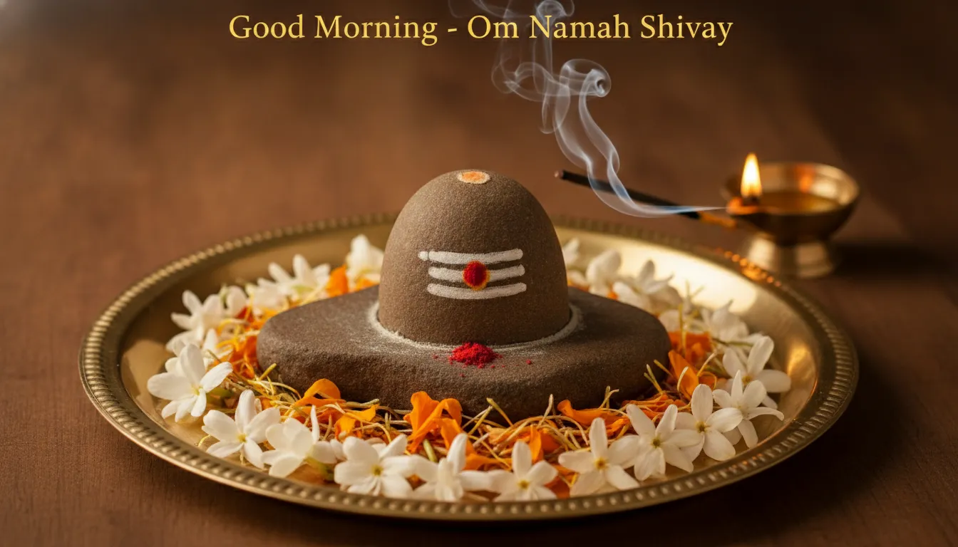 A traditional morning prayer setup featuring a beautiful Narmada Shivling in a brass plate, ideal for an auspicious good morning image with narmada shivling.
