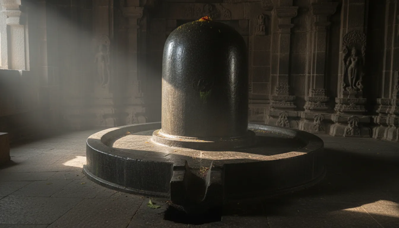 Detailed back side view of a temple shivling highlighting the smooth stone texture and the water drainage pathway of the yoni base.