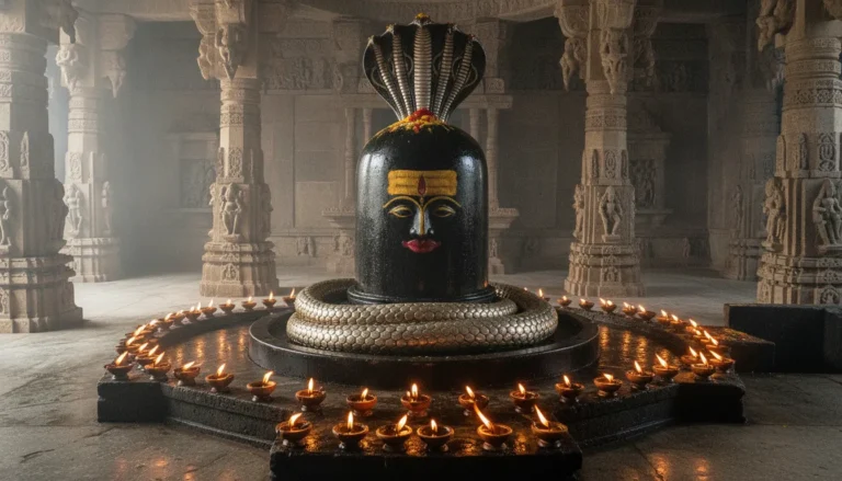 A beautiful close-up image of Somnath shivling adorned with fresh sandalwood paste and flowers during morning prayers.