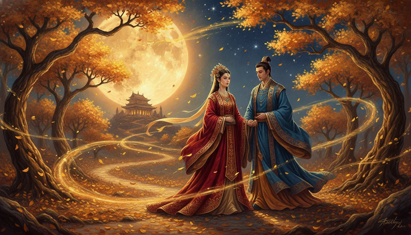 A spiritual couple walking under falling autumn leaves in a peaceful moonlit landscape.