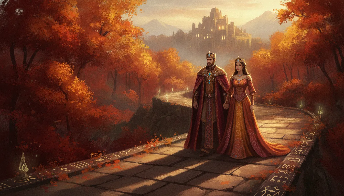 Royal divine couple walking down a stone path on an autumn mountain with red and orange trees