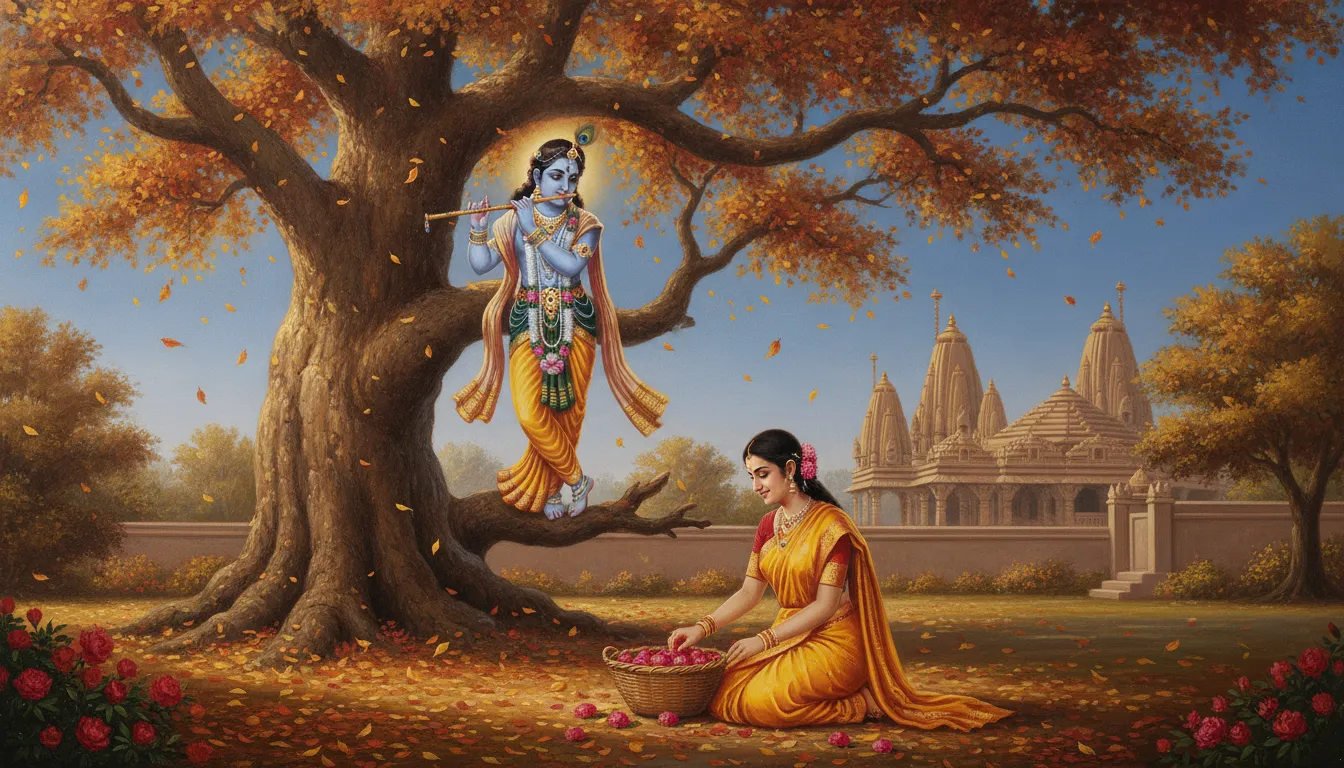 A divine flute player under an orange autumn tree near a temple structure with a woman picking flowers.