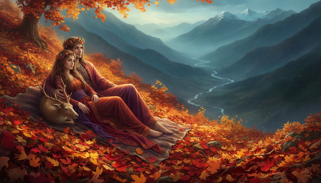 Divine couple sitting on an orange leaf-covered mountain slope with a deer