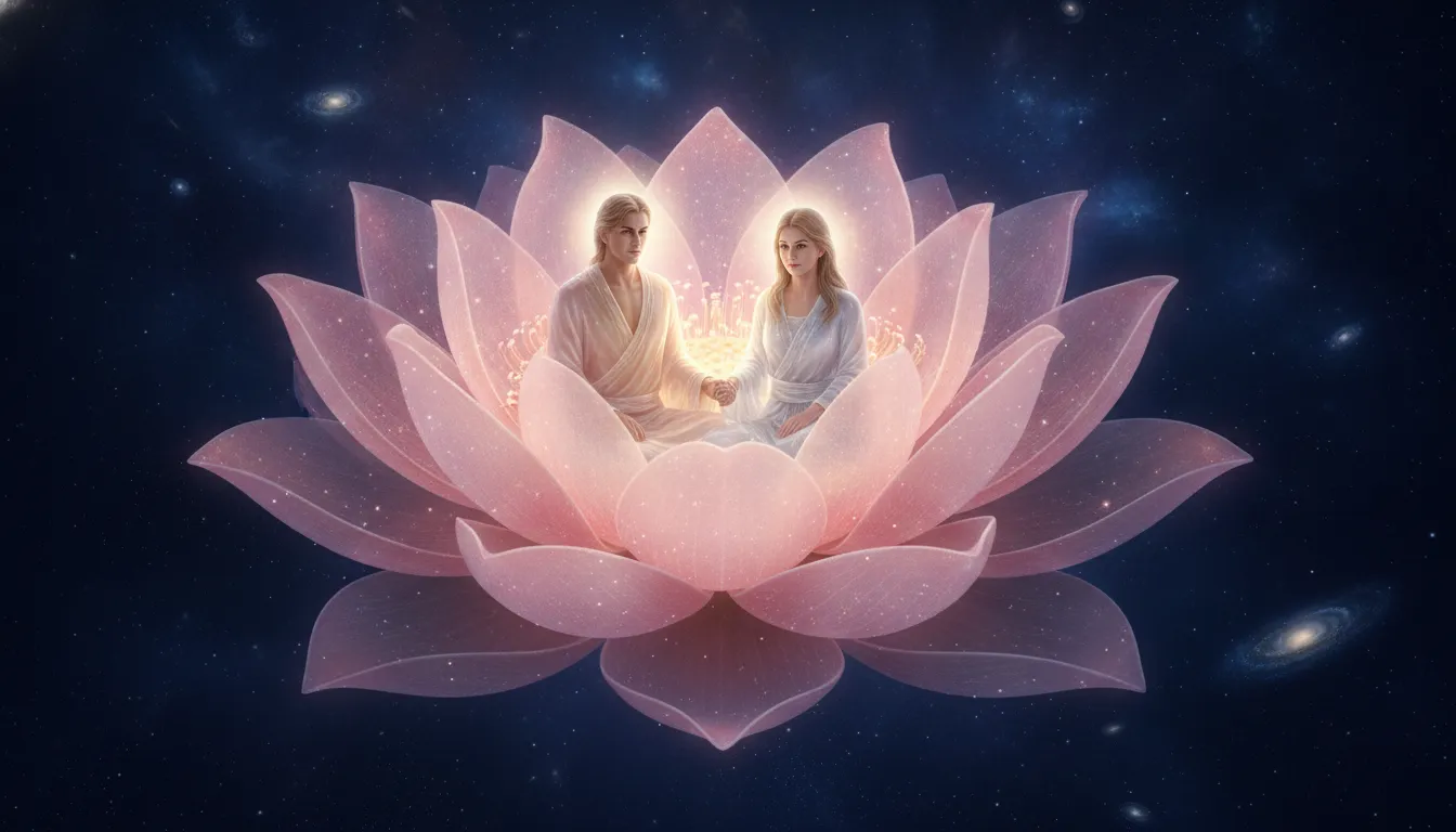 Two divine beings meditating inside a massive translucent lotus flower floating in deep space