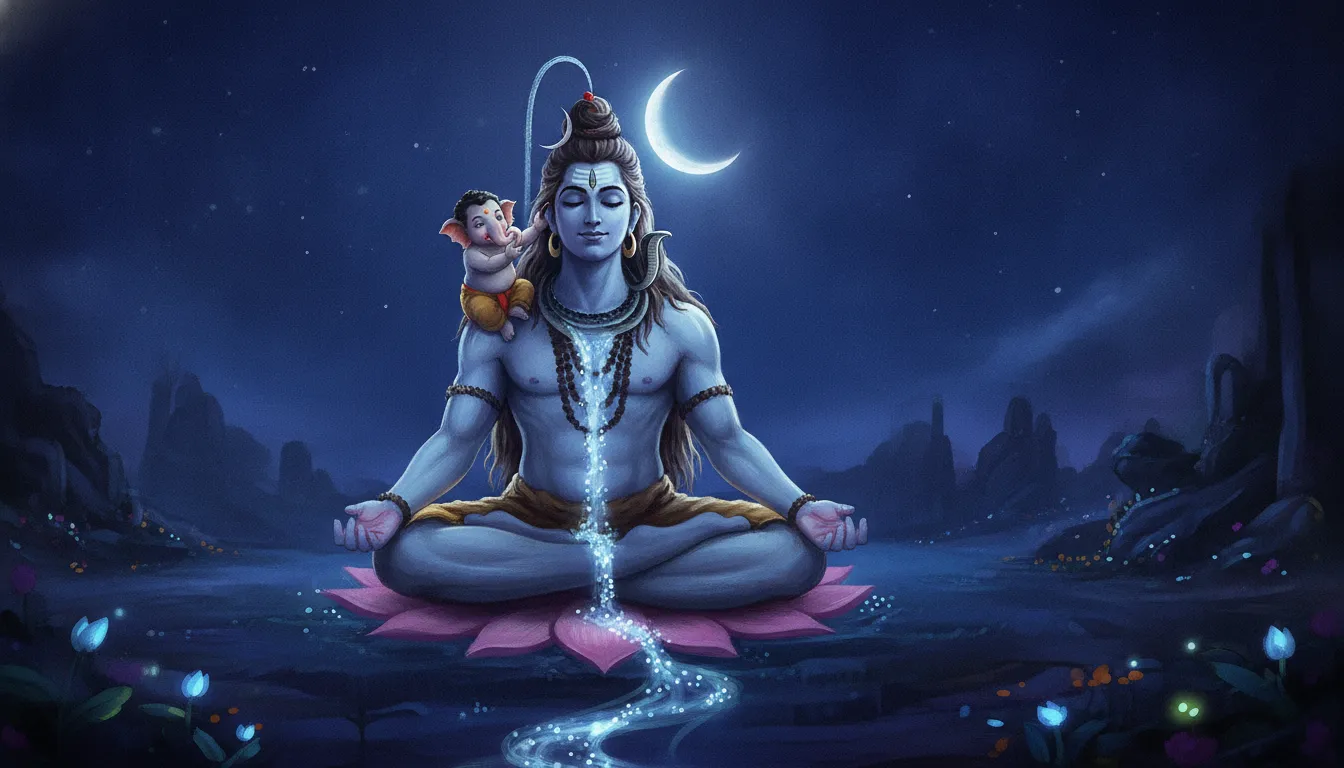 Little baby Ganesha sitting on Lord Shiva’s shoulder reaching up to touch the shining crescent moon in his hair.