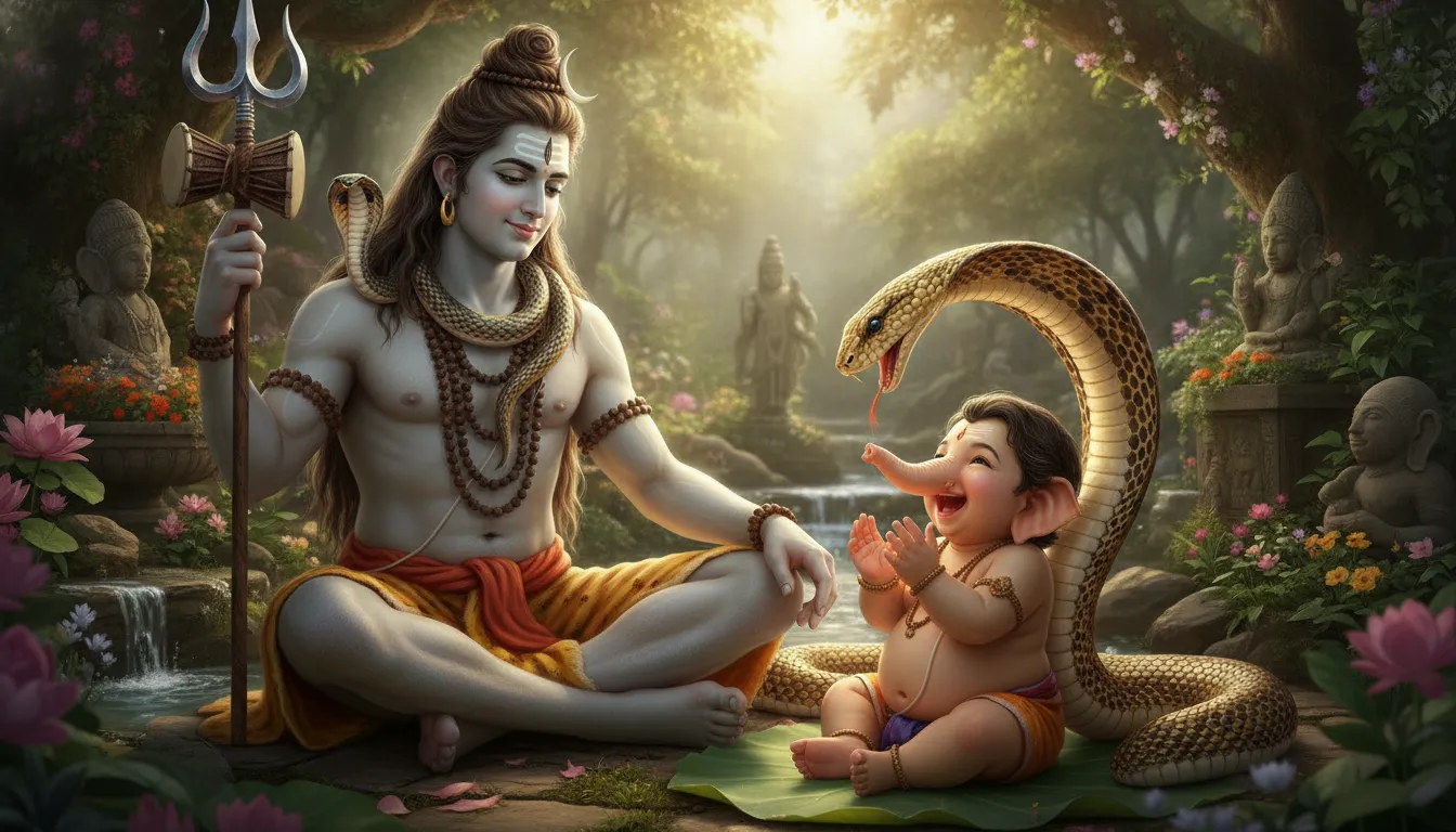 A unique artistic depiction of an innocent baby Ganesha laughing while playing safely with the blue snake around Shiva’s neck.